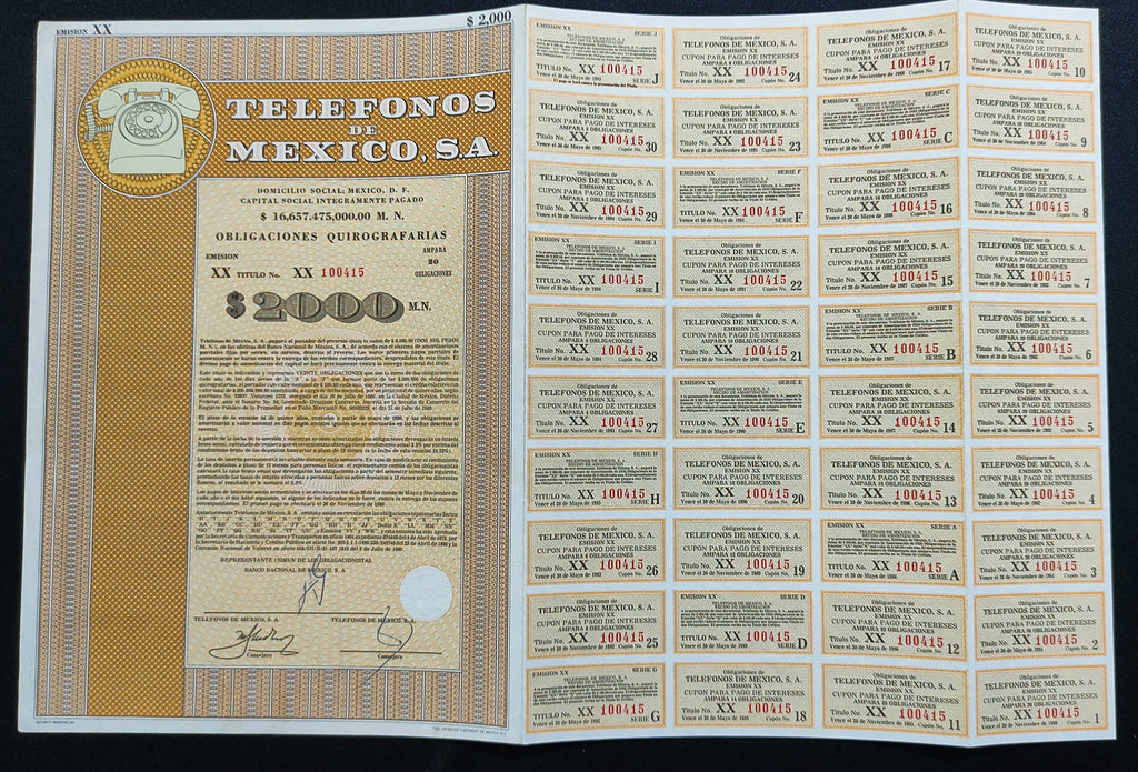 Título Antiguo de Teléfonos de México, S.A. (Telmex) – $2,000 Pesos año 1980