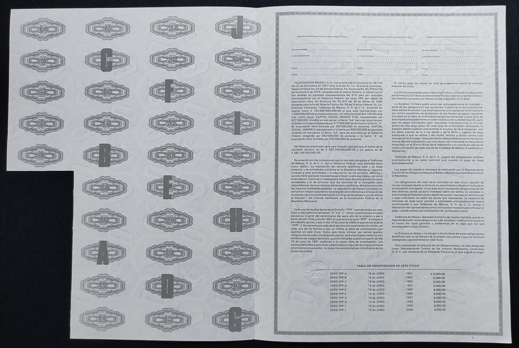 Título Antiguo de Teléfonos de México, S.A. de C.V. (Telmex) – $50,000 Pesos año 1985