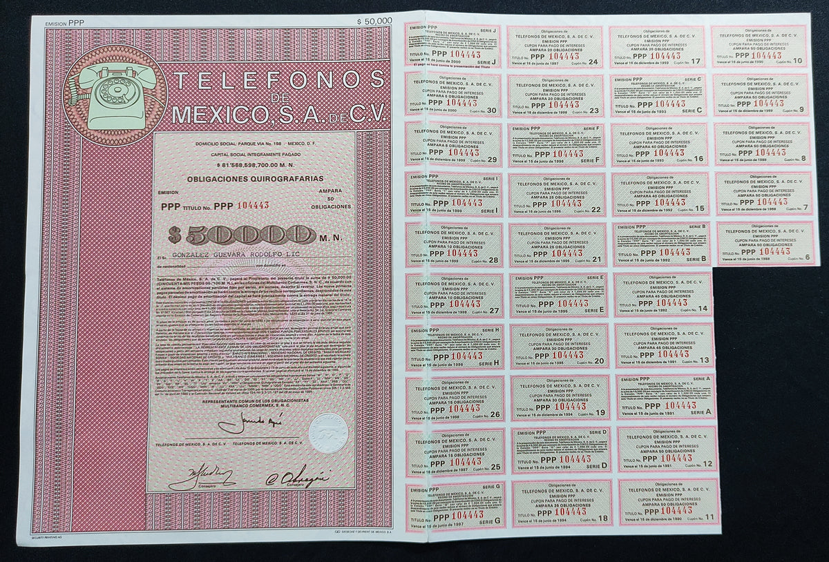 Título Antiguo de Teléfonos de México, S.A. de C.V. (Telmex) – $50,000 Pesos año 1985