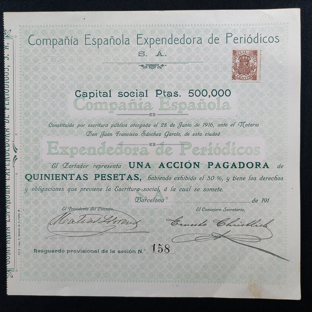 Acción Antigua de la Compañía Española Expendedora de Periódicos