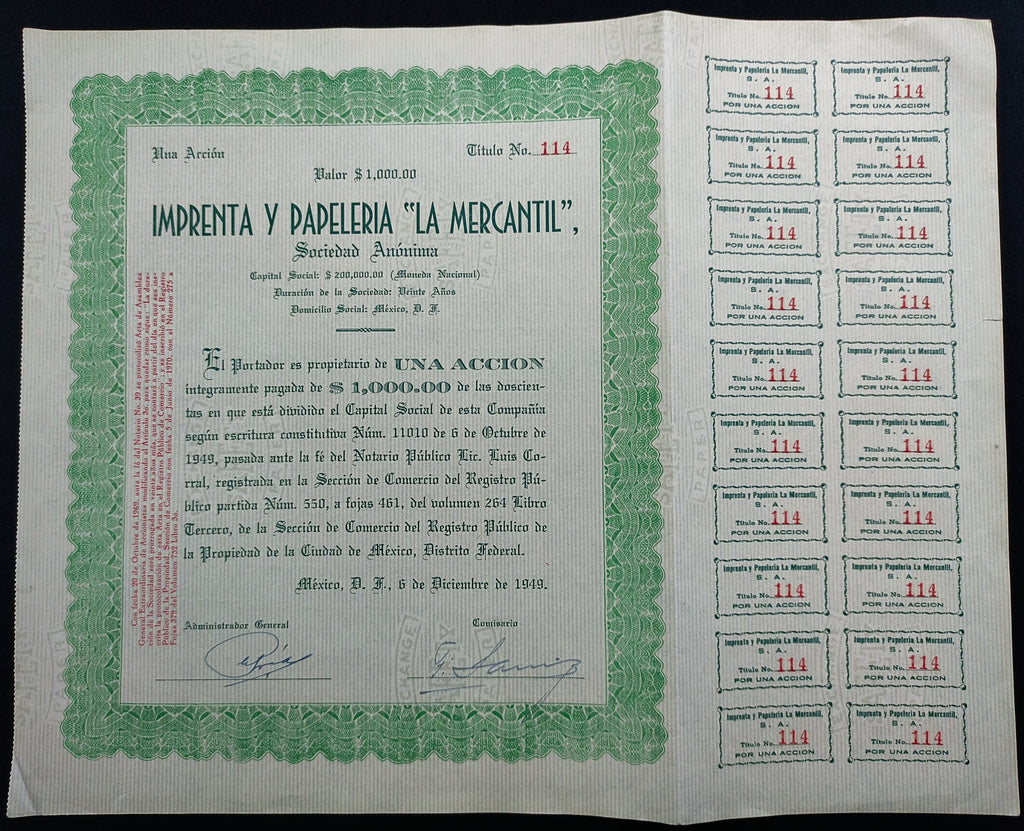 Acción Antigua de Imprenta y Papelería “La Mercantil” año 1949