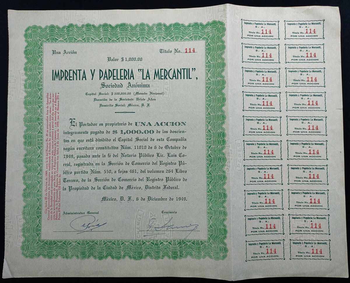 Acción Antigua de Imprenta y Papelería “La Mercantil” año 1949