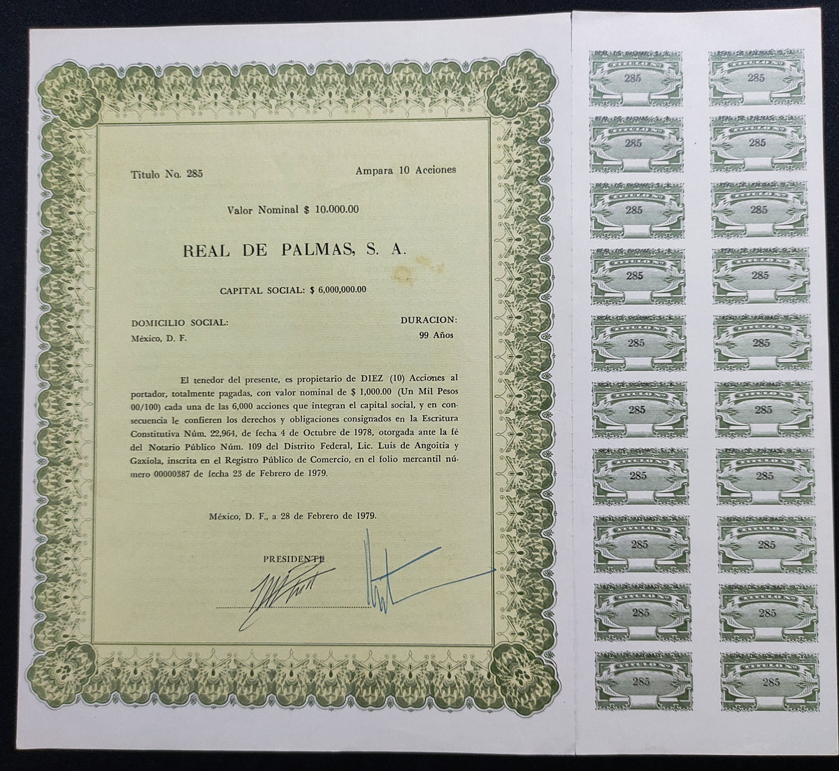 Acción Antigua de Real de Palmas, S.A. año 1979