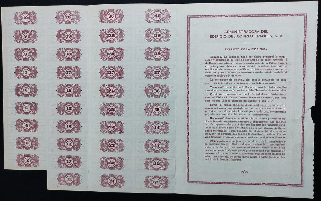 Acción Antigua de la Administradora del Edificio del Correo Francés, S.A. año 1953