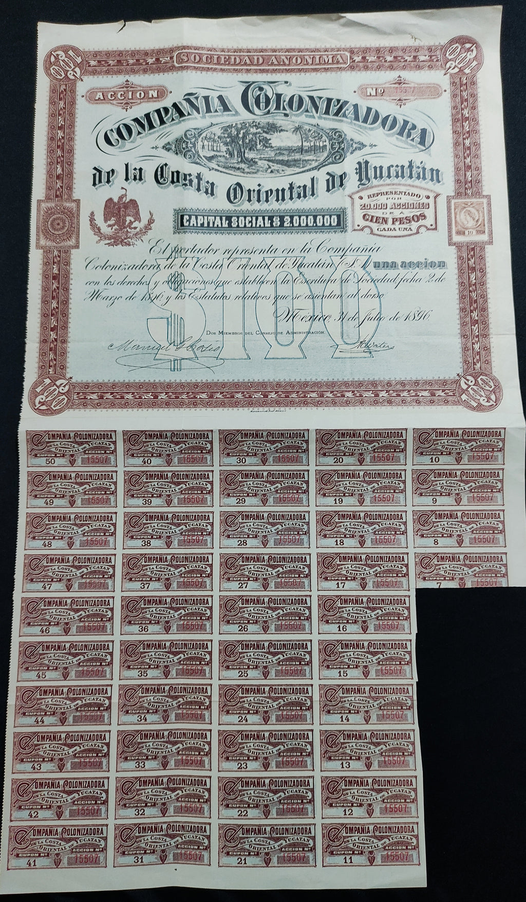 Acción Antigua de la Compañía Colonizadora de la Costa Oriental de Yucatán año 1896