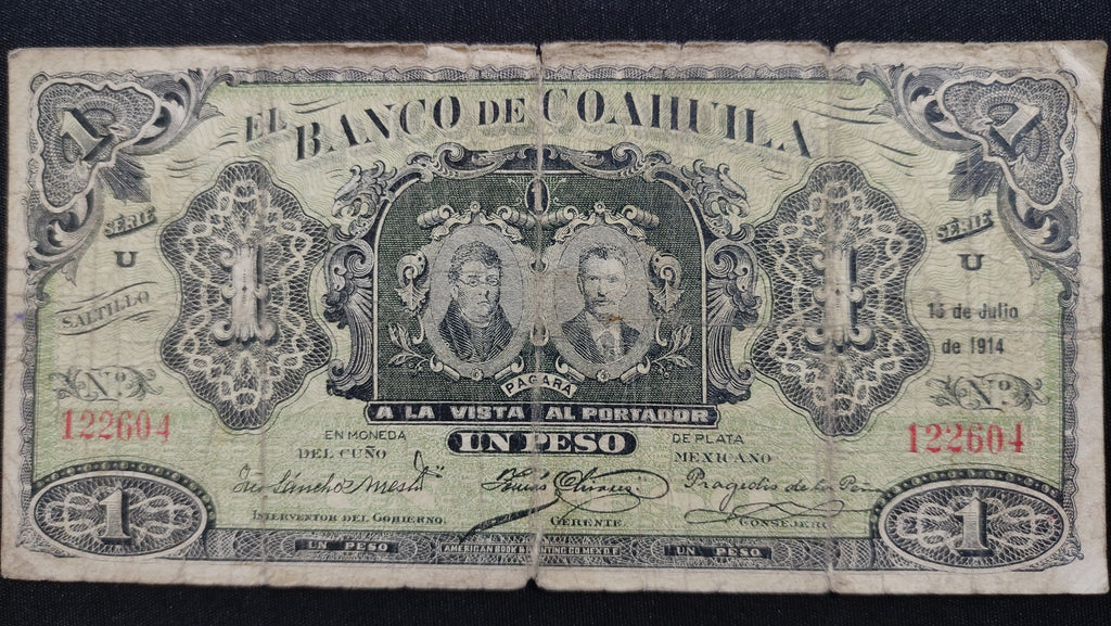 Billete 1 Un Peso El Banco de Coahuila Saltillo 1914