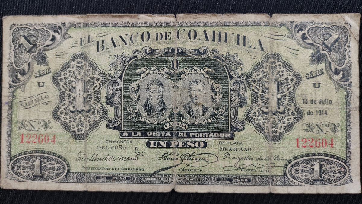 Billete 1 Un Peso El Banco de Coahuila Saltillo 1914