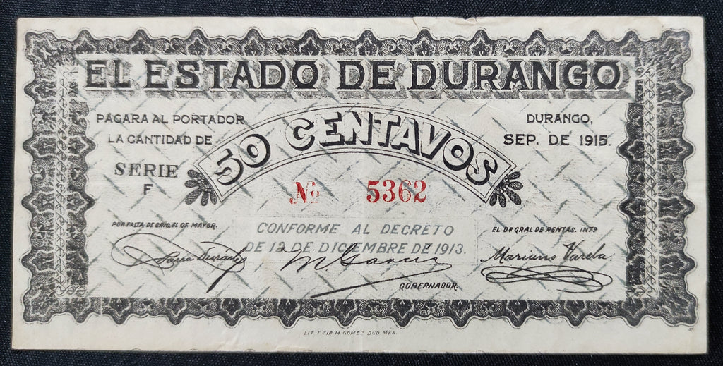 Billete 50 Centavos El Estado de Durango 1915