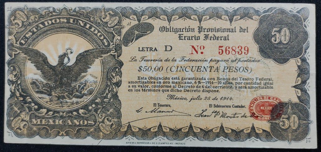 Billete 50 Cincuenta Pesos Obligación Provisional del Erario Federal 1914