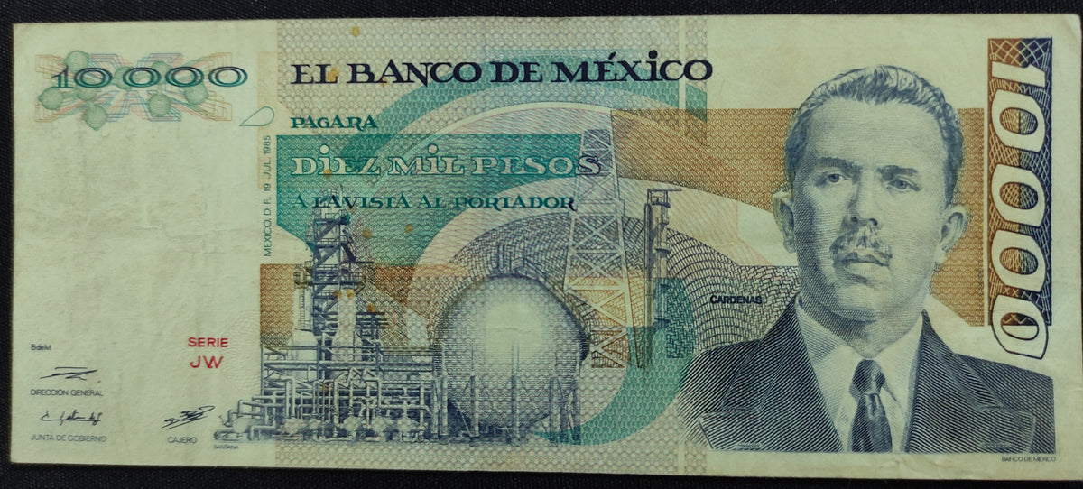 Billete 10000 Diez Mil Pesos Banco de México Lázaro Cárdenas Verde 1985