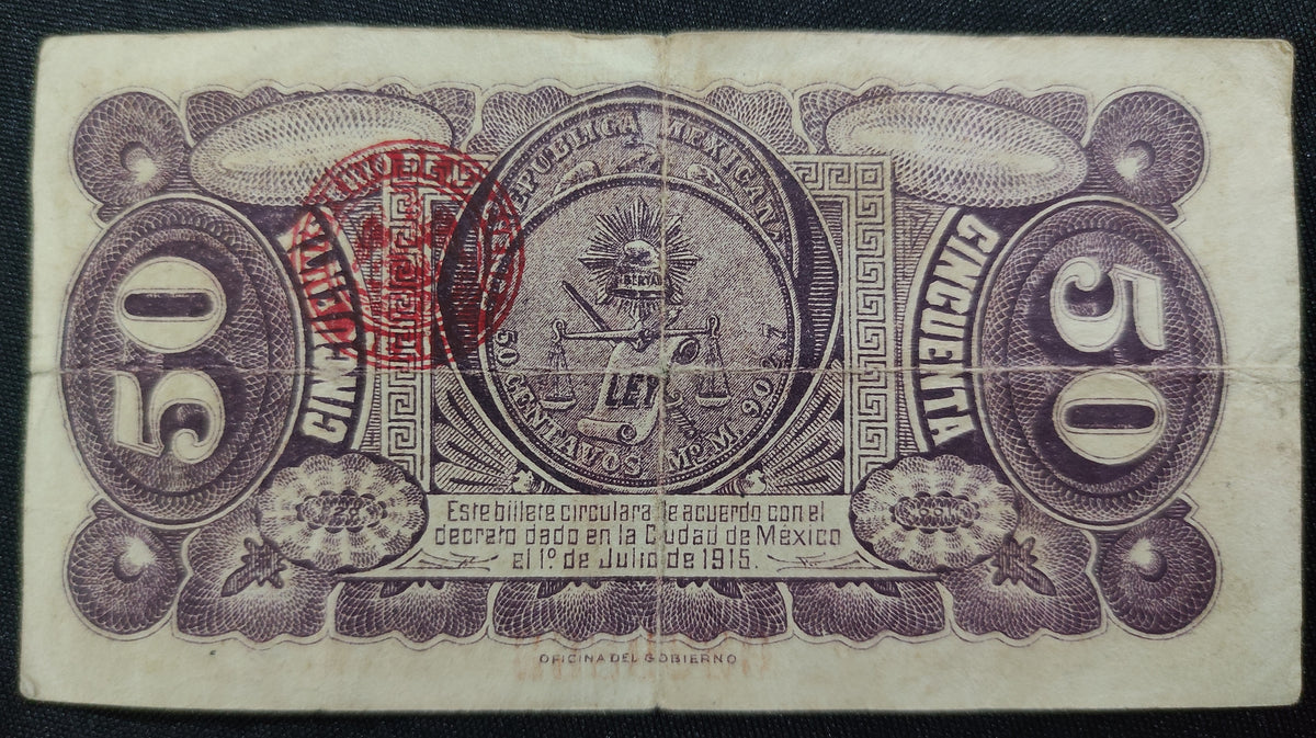 Billete 50 Cincuenta Centavos Gobierno Convencionista de México Toluca 1915