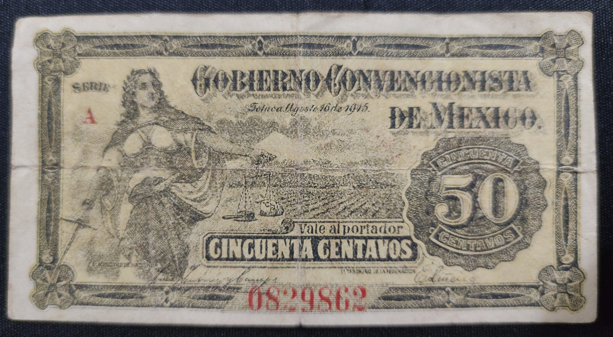 Billete 50 Cincuenta Centavos Gobierno Convencionista de México Toluca 1915