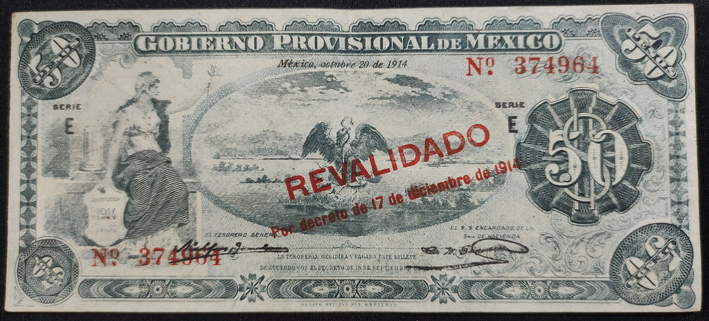 Billete 50 Cincuenta Pesos Gobierno Provisional de México 1914 Resello Revalidado