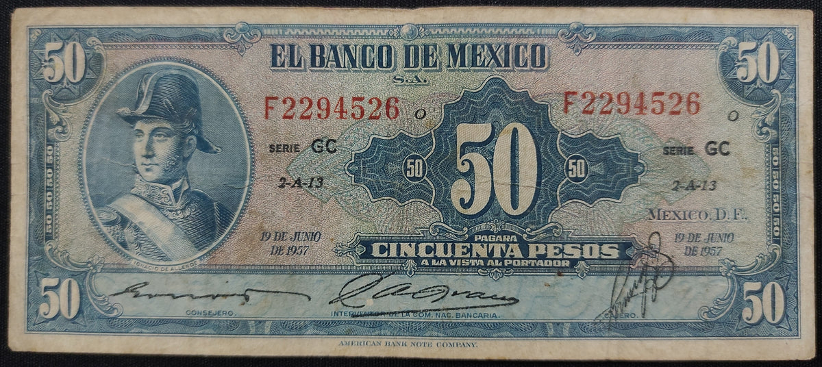 Billete 50 Cincuenta Pesos Banco de México Ignacio Allende 1957 Dos Letras Negras