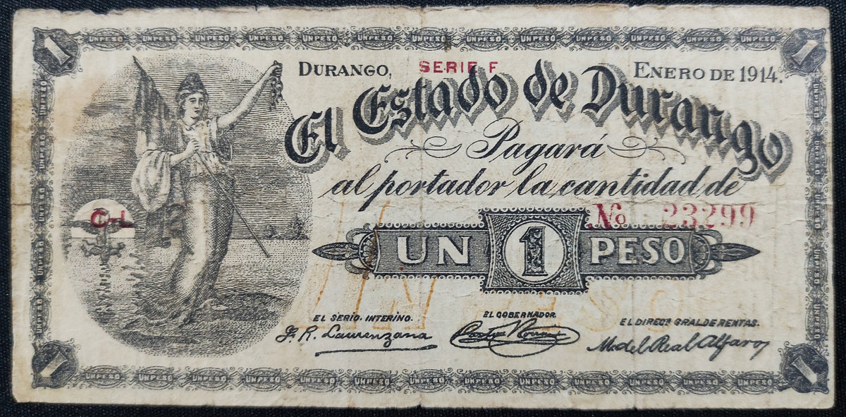 Billete 1 Un Peso El Estado de Durango 1914
