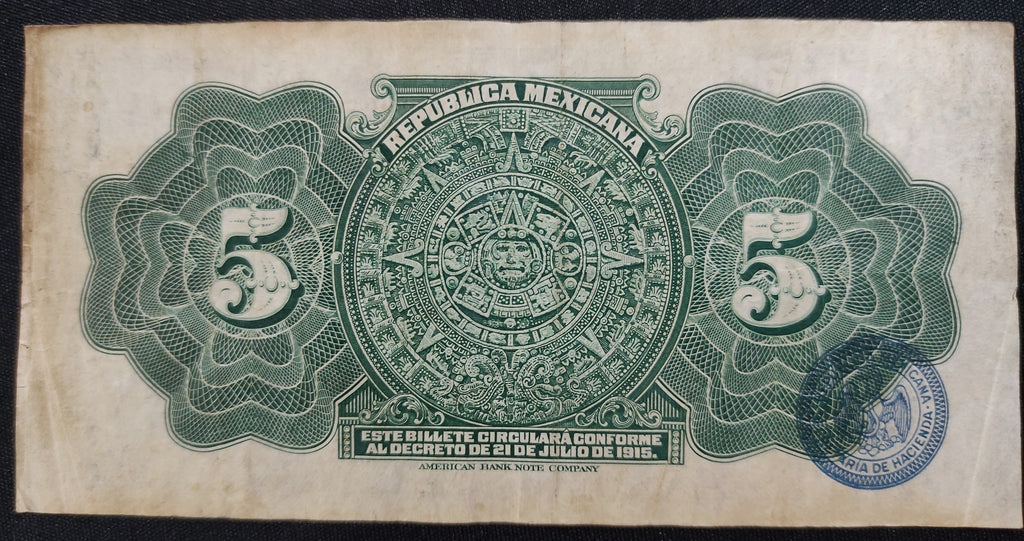 Billete 5 Cinco Pesos República Mexicana Cuauhtémoc 1915