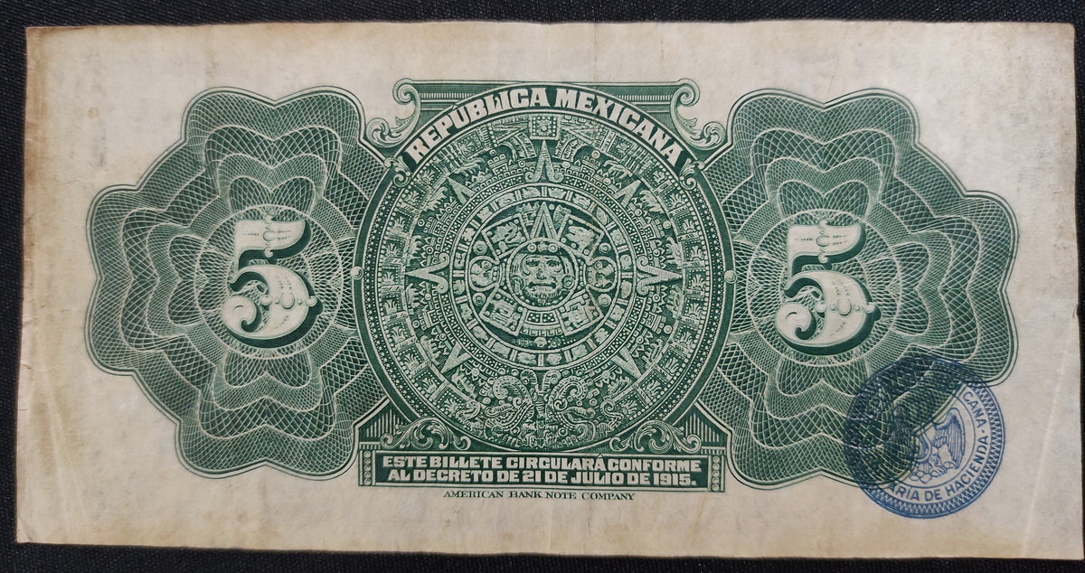 Billete 5 Cinco Pesos República Mexicana Cuauhtémoc 1915
