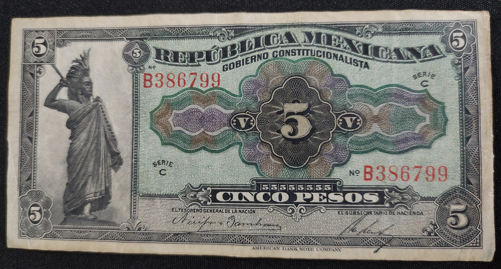 Billete 5 Cinco Pesos República Mexicana Cuauhtémoc 1915