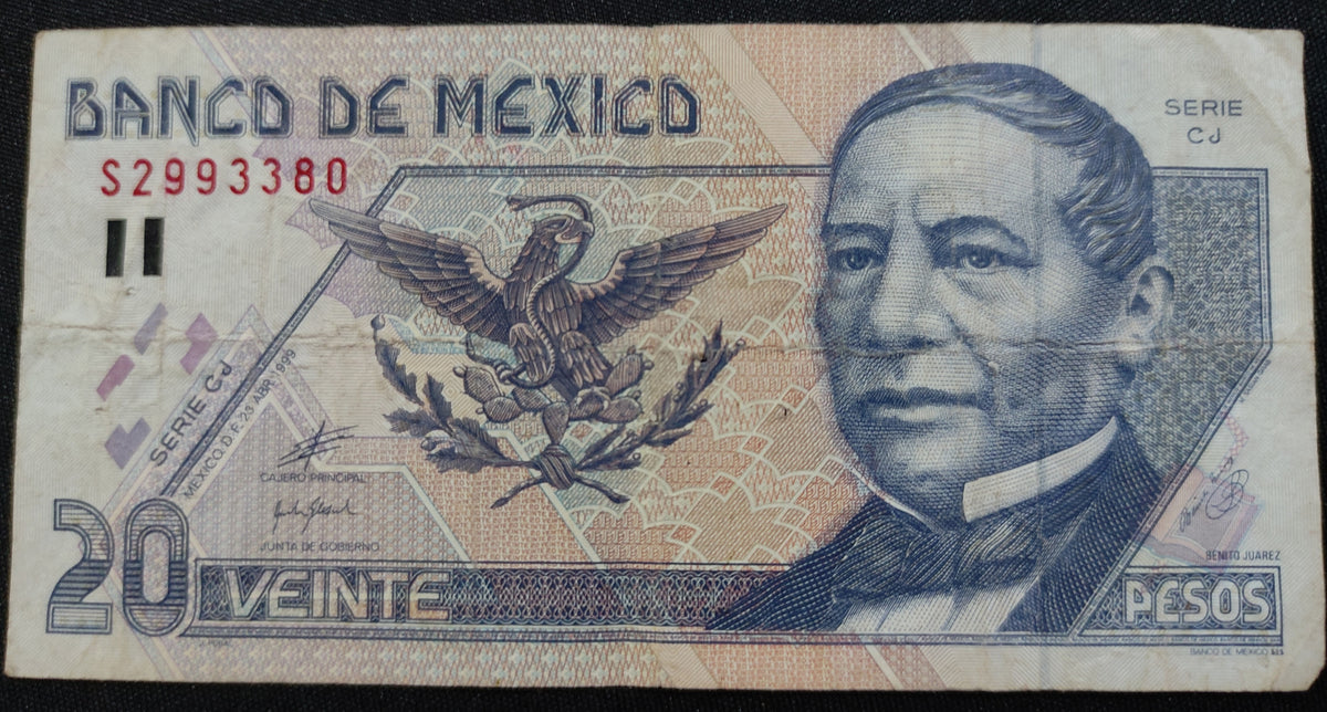 Billete 20 Veinte Pesos Banco de México Benito Juárez Papel