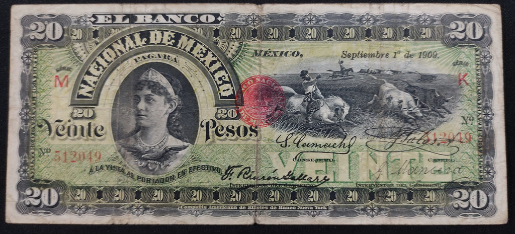 Billete 20 Veinte Pesos Banco Nacional de México 1909
