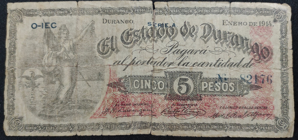 Billete 5 Cinco Pesos El Estado de Durango 1914 Restaurado