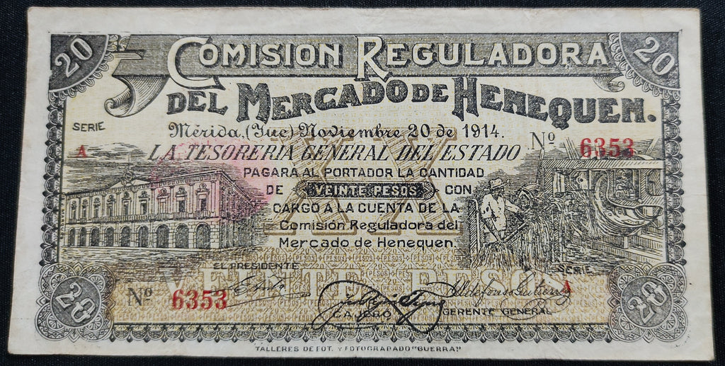 Billete 20 Veinte Pesos Comisión Reguladora del Mercado de Henequén Mérida Yucatán 1914