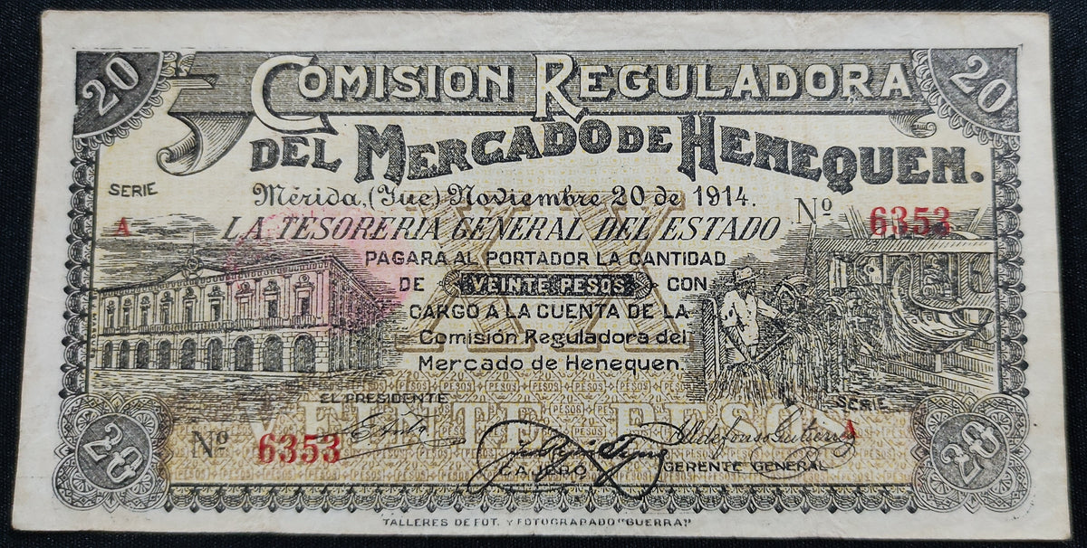 Billete 20 Veinte Pesos Comisión Reguladora del Mercado de Henequén Mérida Yucatán 1914