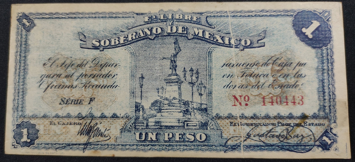 Billete 1 Un Peso Estado Libre y Soberano de México Toluca 1915