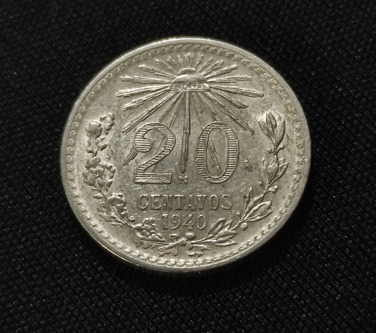 Moneda Plata 20 Centavos Resplandor 1940 Ley .720