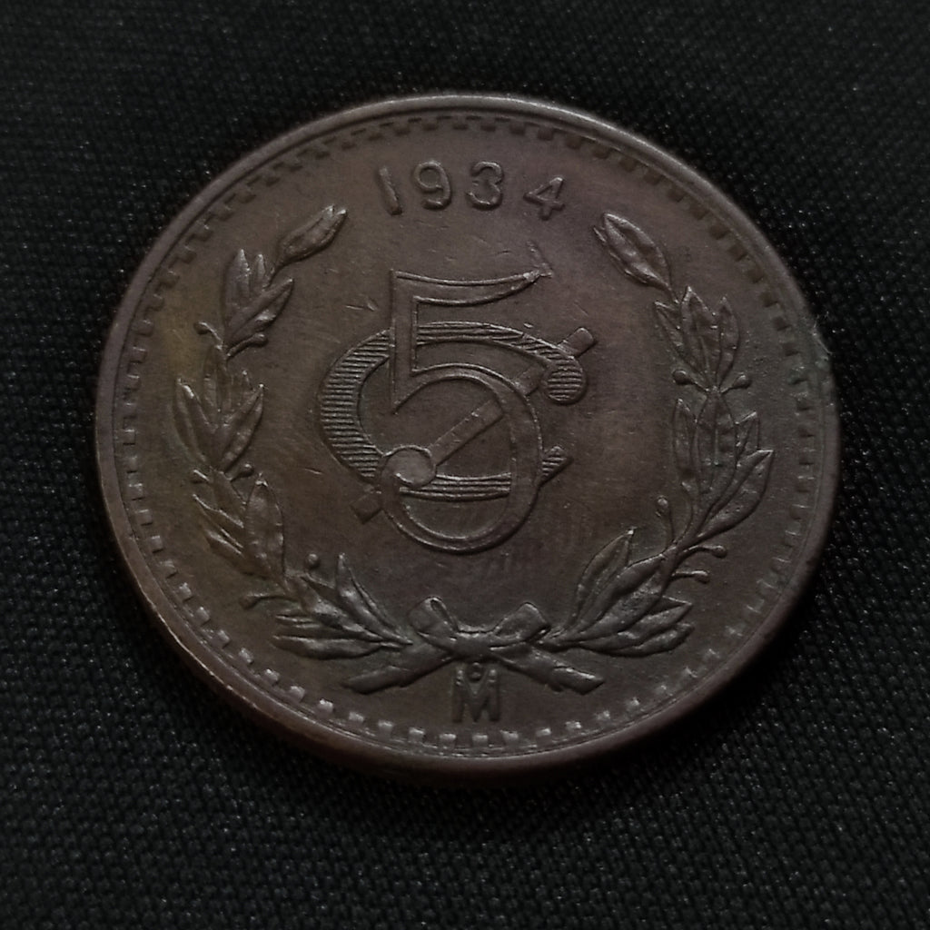 Moneda Antigua 5 Centavos Monograma Mexico 1934