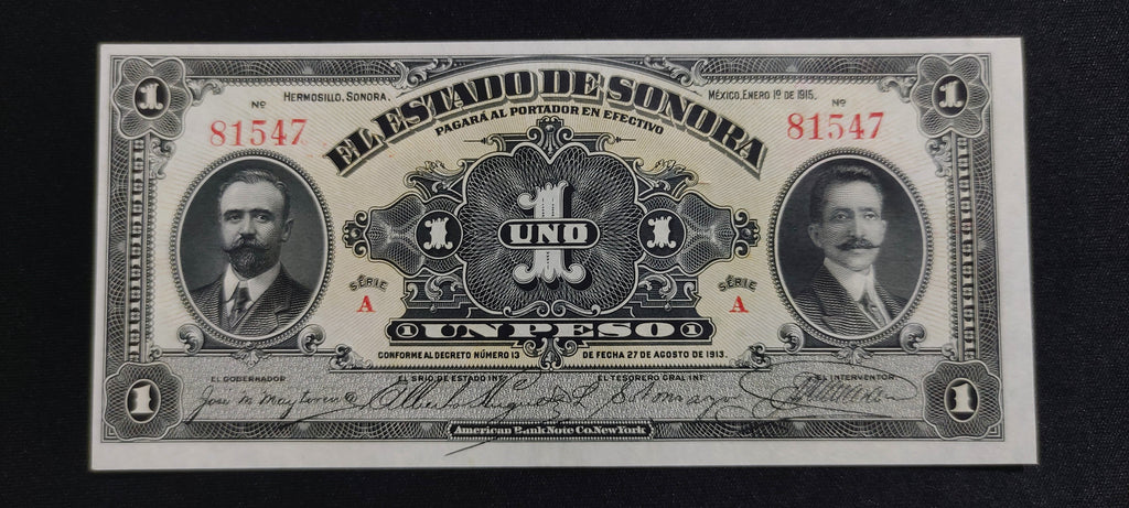 Billete 1 Peso del Estado de Sonora 1915 Sin Circular UNC