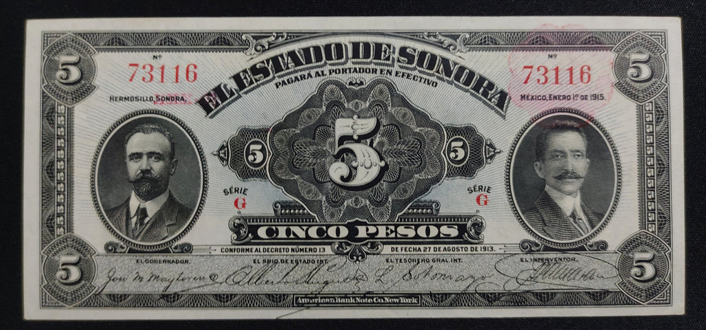 Billete 5 Pesos del Estado de Sonora 1915 Sin Circular UNC