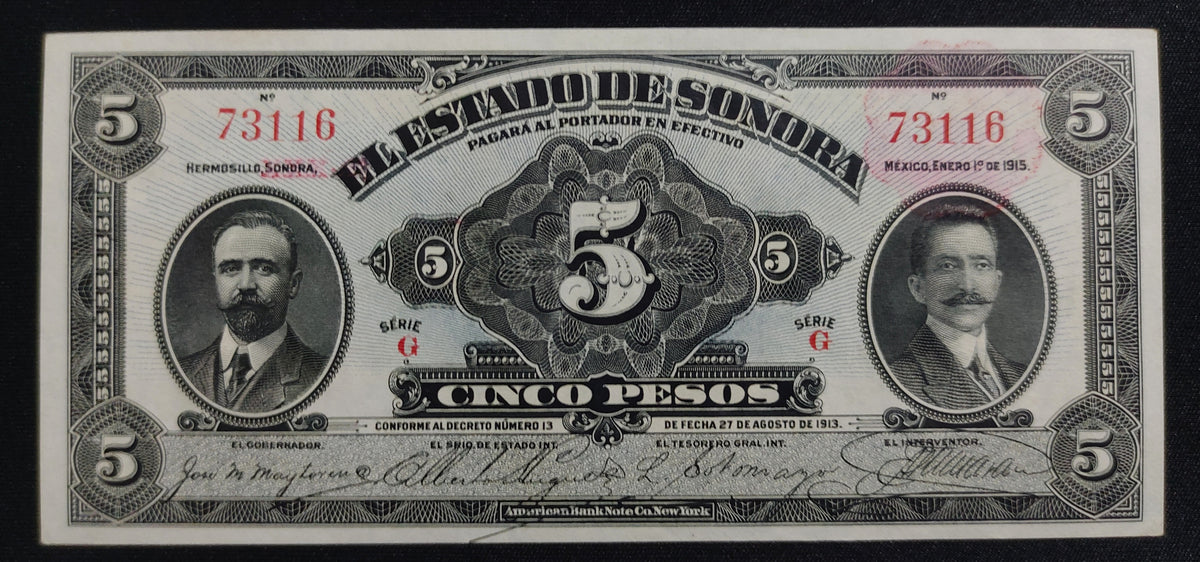 Billete 5 Pesos del Estado de Sonora 1915 Sin Circular UNC