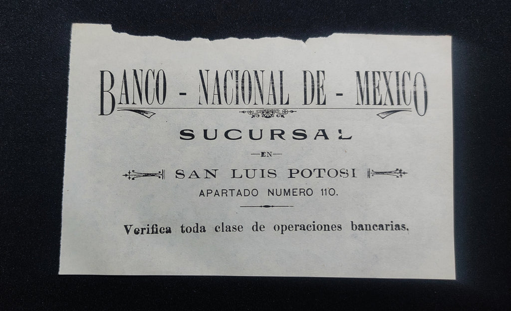 Tarjeta de Publicidad Comercial Banco Nacional de México Sucursal San Luis Potosí (Siglo XIX - Porfiriato)