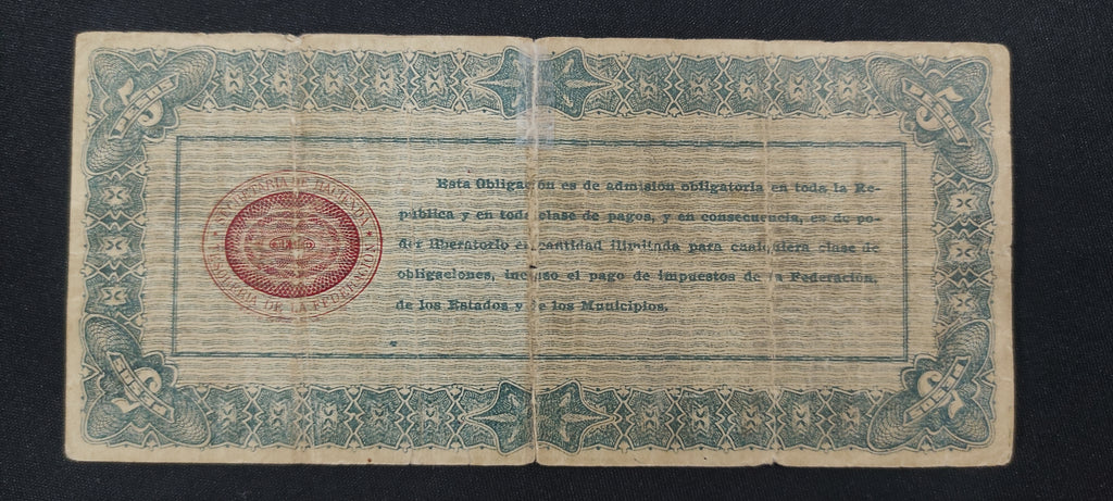 Billete Oblagacion Provisional del Erario Federal 5 Pesos Mexico 1914