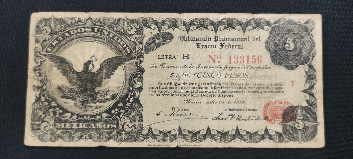 Billete Oblagacion Provisional del Erario Federal 5 Pesos Mexico 1914