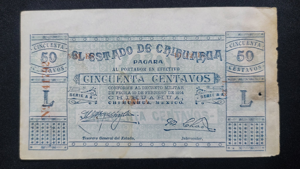 Billete 50 Centavos El Estado de Chihuahua 1914 Azul