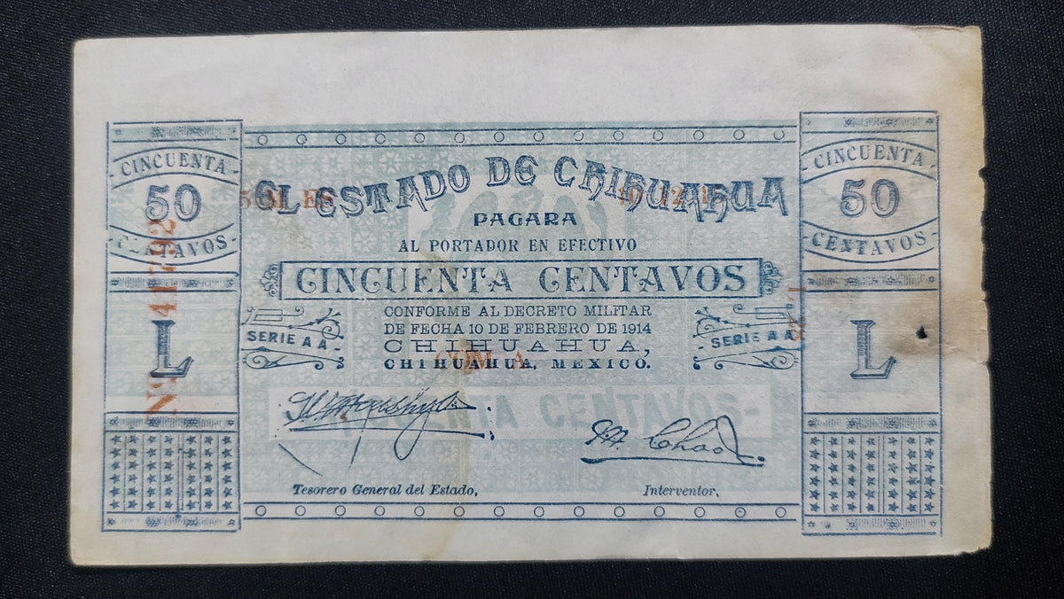 Billete 50 Centavos El Estado de Chihuahua 1914 Azul
