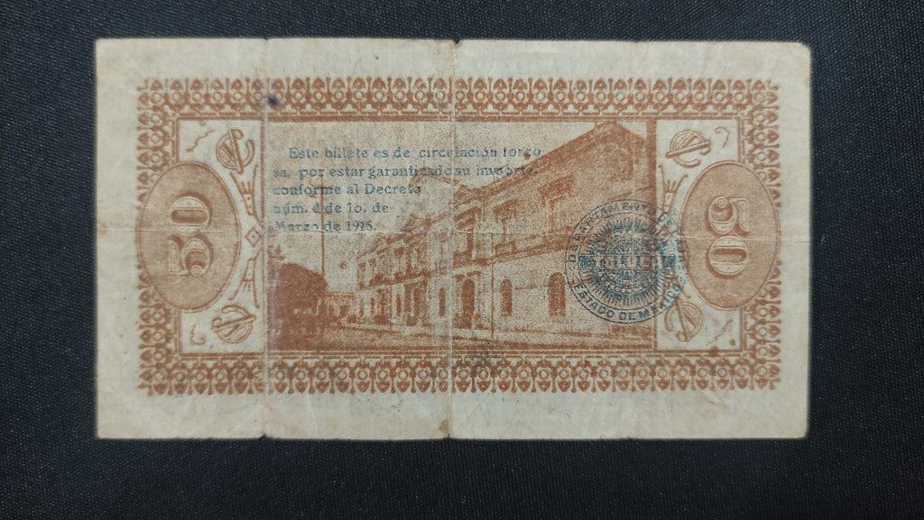 Billete Estado Libre y Soberano de México 50 Centavos Toluca 1915