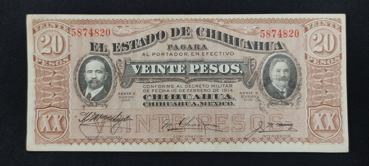 Billete El Estado de Chihuahua 20 Pesos Chihuahua 1915