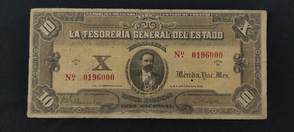 Billete La Tesorería General del Estado Yucatán 10 Pesos Mérida 1914