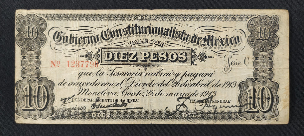 Billete 10 Pesos Gobierno Constitucionalista de Mexico Monclova 1913