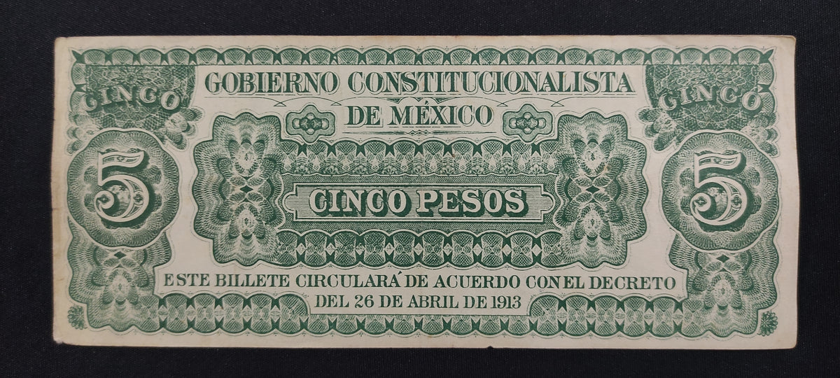Billete 5 Pesos Gobierno Constitucionalista de Mexico Monclova 1913