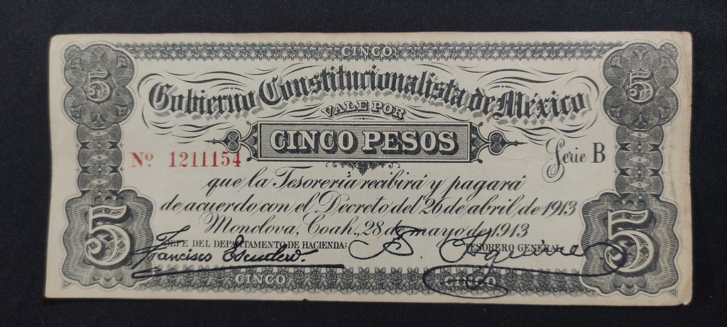 Billete 5 Pesos Gobierno Constitucionalista de Mexico Monclova 1913