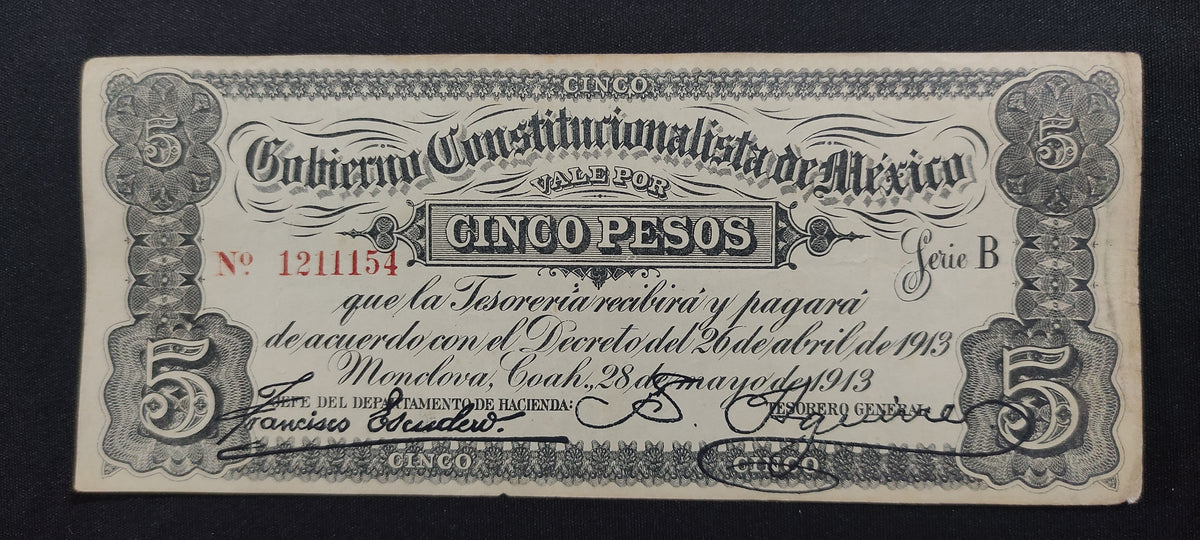 Billete 5 Pesos Gobierno Constitucionalista de Mexico Monclova 1913