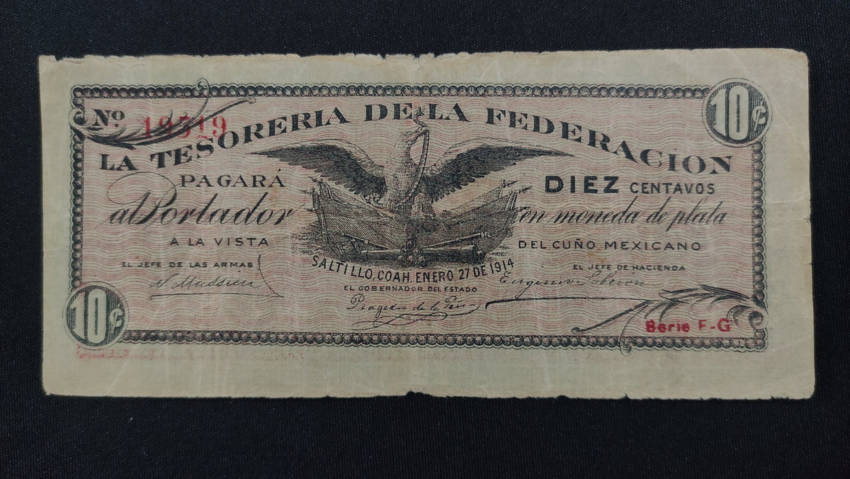 Billete 10 Centavos Tesoreria de la Federacion Saltillo Coahuila 1914