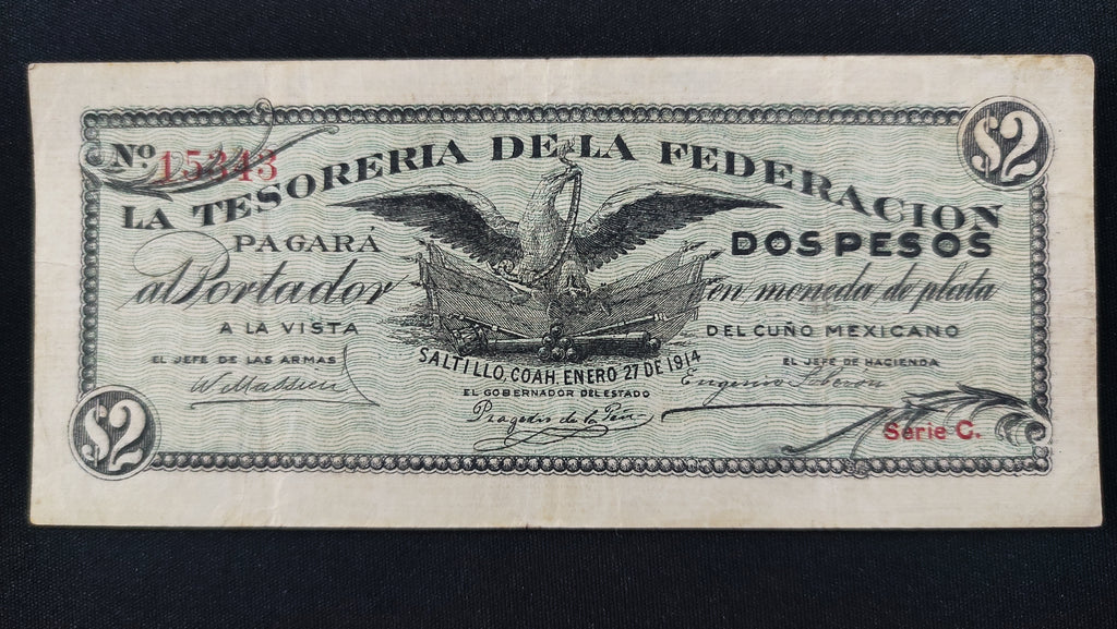 Billete 2 Pesos Tesoreria de la Federacion Saltillo Coahuila 1914