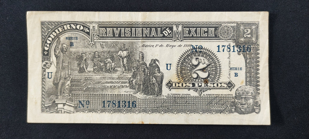 Billete 2 Dos Pesos Gobierno Provisional de México 1916 "Infalsificables"