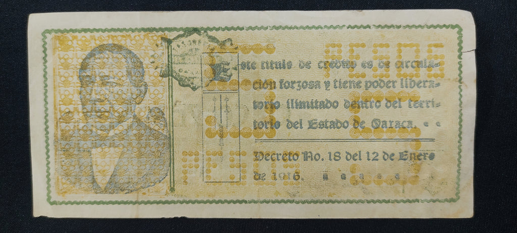 Billete 5 Pesos Tesoreria General Estado de Oaxaca 1916