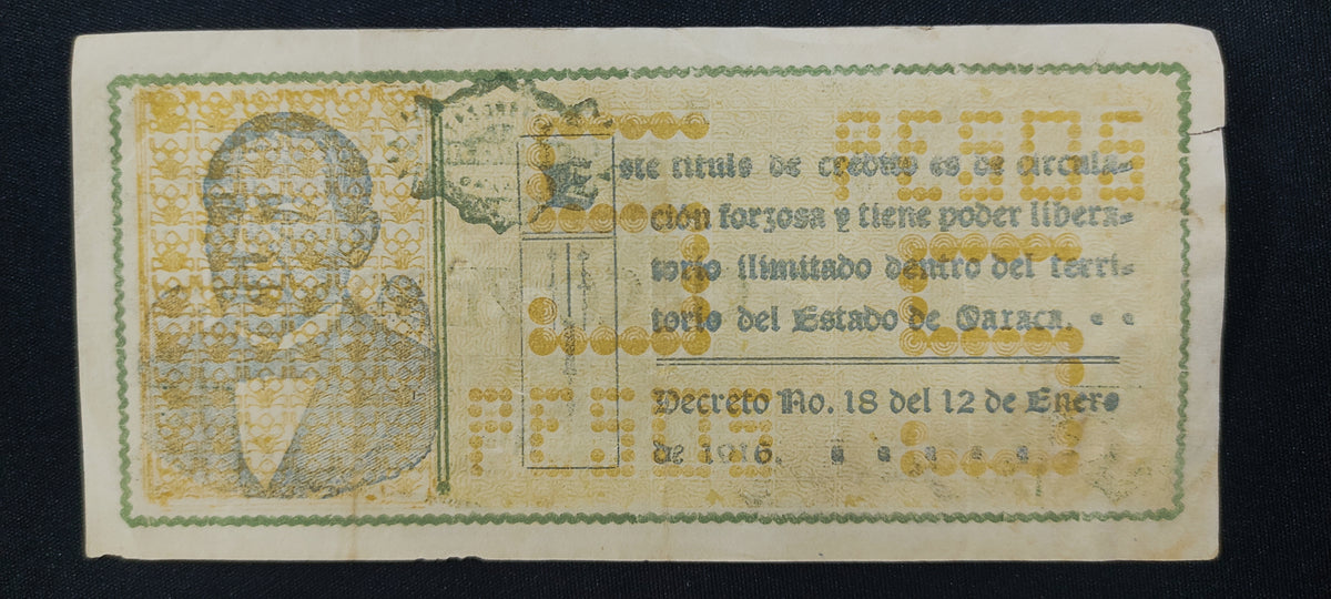 Billete 5 Pesos Tesoreria General Estado de Oaxaca 1916